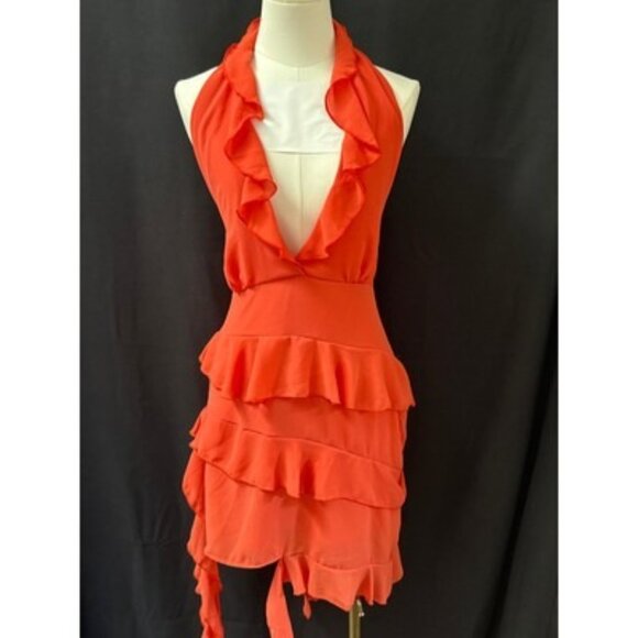 PrettyLittleThing Womens Halter Neck Ruffle Layered Dress Orange Size 4 - Picture 1 of 4